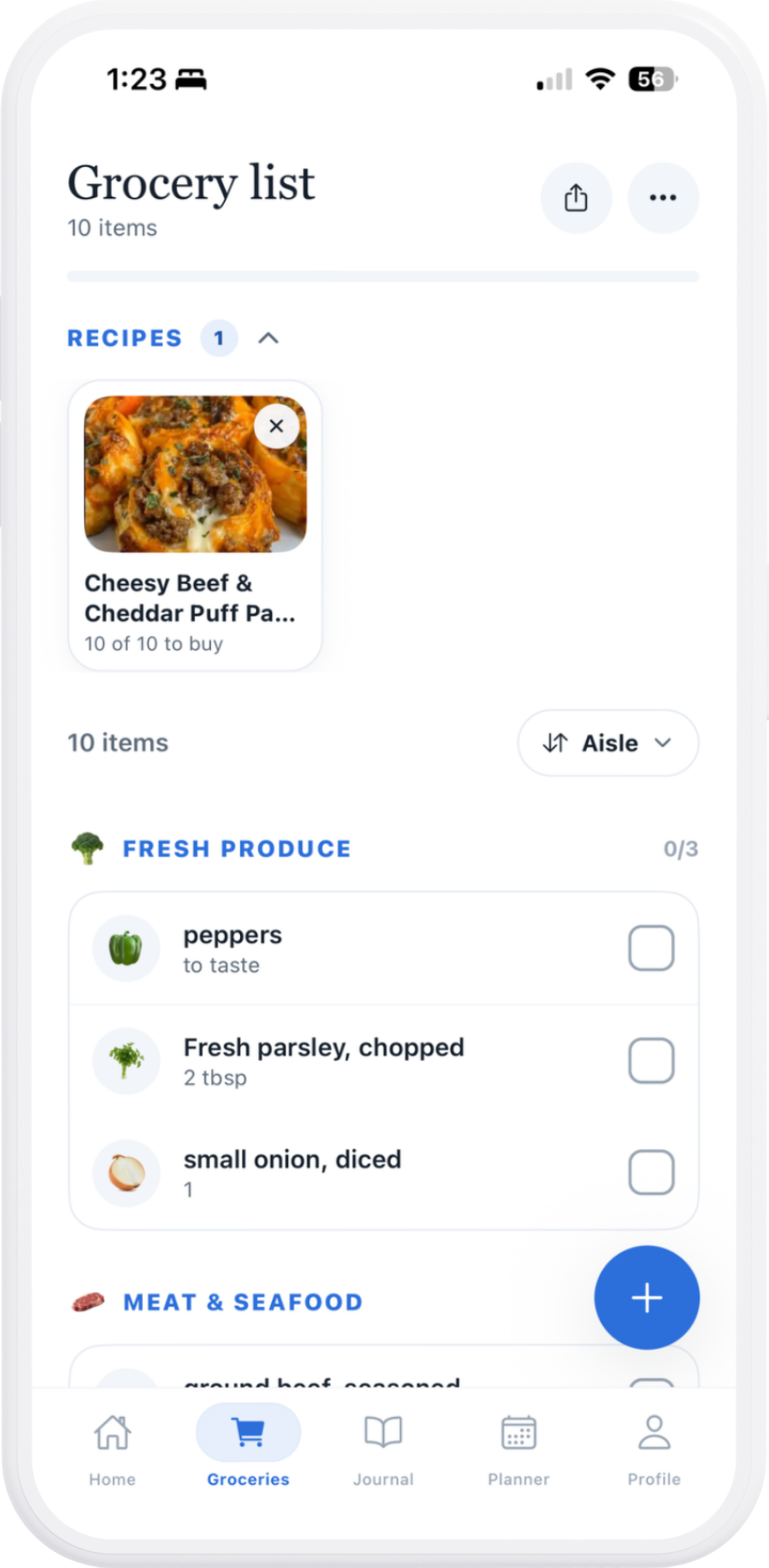 A Mealio grocery list built from a cheesy beef puff pastry recipe, sorted by aisle into fresh produce and meat and seafood.