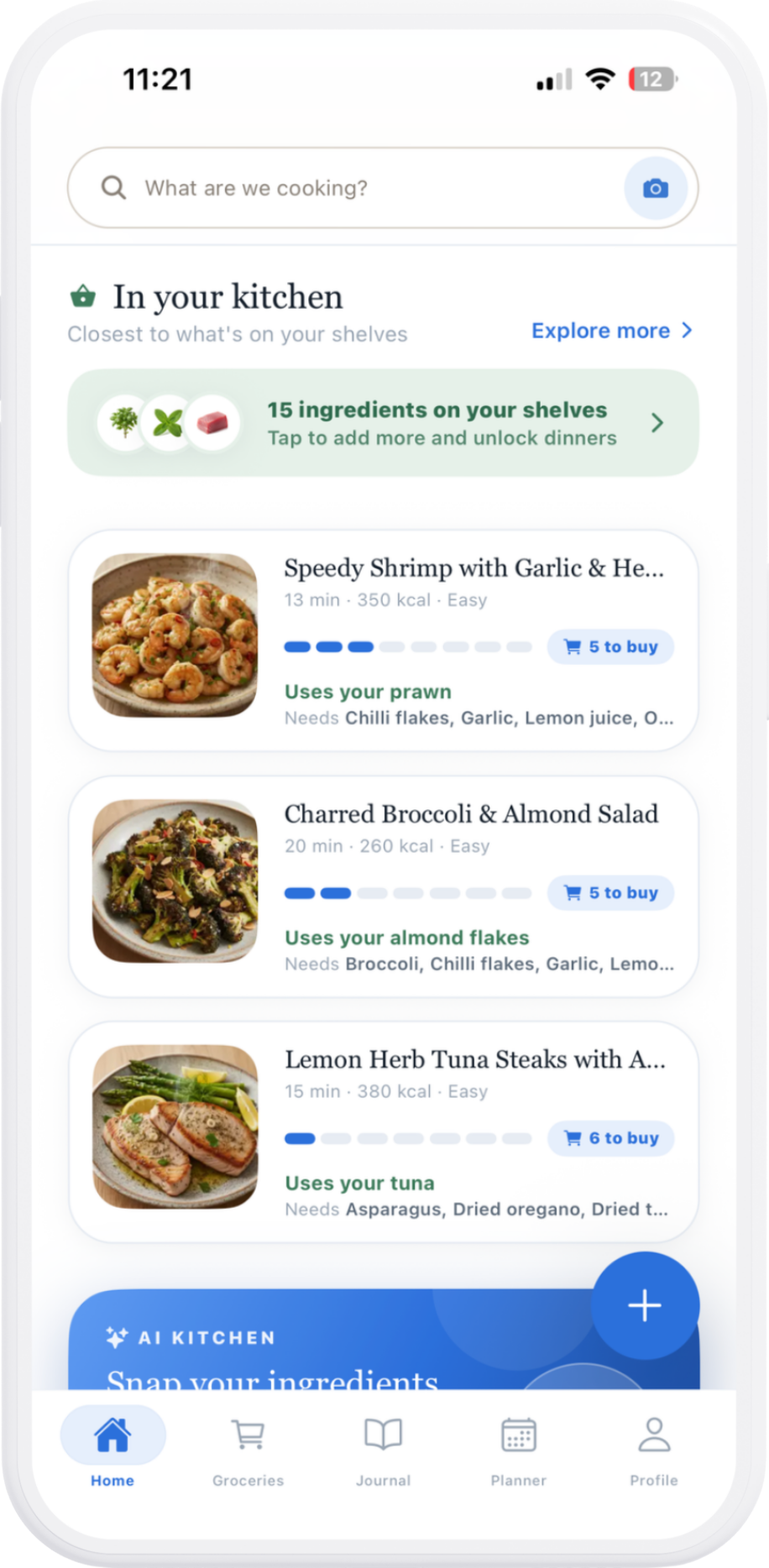 Mealio home screen titled In your kitchen, listing recipes that use ingredients you already have, like speedy shrimp with garlic that uses your prawns and needs five things to buy.