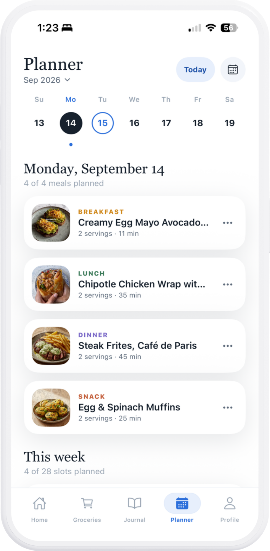 The Mealio planner for Monday, September 14, with breakfast, lunch, dinner and a snack planned: egg mayo avocado toast, a chipotle chicken wrap, steak frites and egg and spinach muffins.